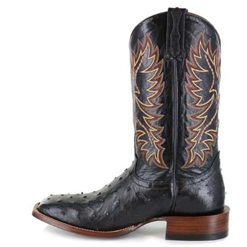 KJCQGQTZ Western Cowgirl Cowboystiefel für Damen, Vintage Spitzer Bestickte klobige Absätze Weite Wadenstiefel Mode Schlüpfen Leder Wildleder Lange Motorrad-Ritterstiefel für Alltag,Schwarz,42 von KJCQGQTZ