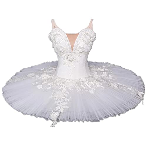 Mädchen Ballett Tutu Kleid Ballerina Rock Professioneller Ballettwettbewerb Ärmelloses Leibchen Kostüm Prinzessin Pfannkuchen Aufführungspraxis Tutu Ballerina Tanzkleidung,Weiß,140 von KJCQGQTZ