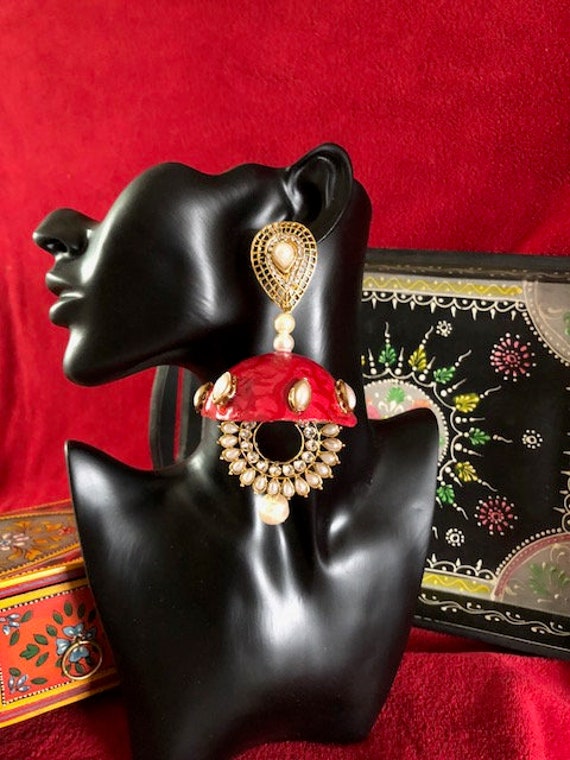Rot Und Gold Große Panjabi Jhumka Mit Khunda Edelsteine von KJDJewellers