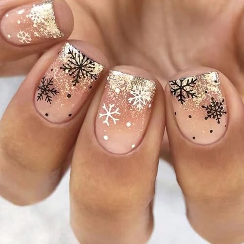 24 Stück Weihnachts Kunstnägel Mit Schneeflocken Motiv Zum Aufdrücken Auf Die Nägel Künstliche Nägel Kurz Quadratisch Vollständig Zum Aufkleben Für Damen von KJDKNC