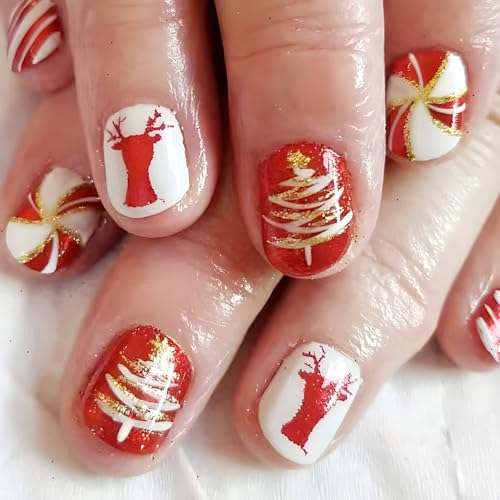 24 Stück Weihnachtsnägel Zum Aufdrücken Kurze Quadratische Schneeflocken Designs Künstliche Nägel Vollständige Abdeckung Glänzende Nägel Zum Aufkleben Für Frauen von KJDKNC