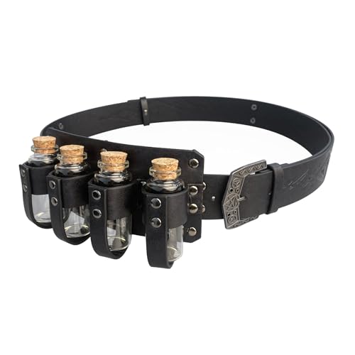 KJDKNC Mittelalterlicher Alchemist Kostümgürtel Mit Vier Alchemistenflaschen Verstellbarer Taillengürtel Aus PU Leder Halloween Cosplay Zubehör von KJDKNC