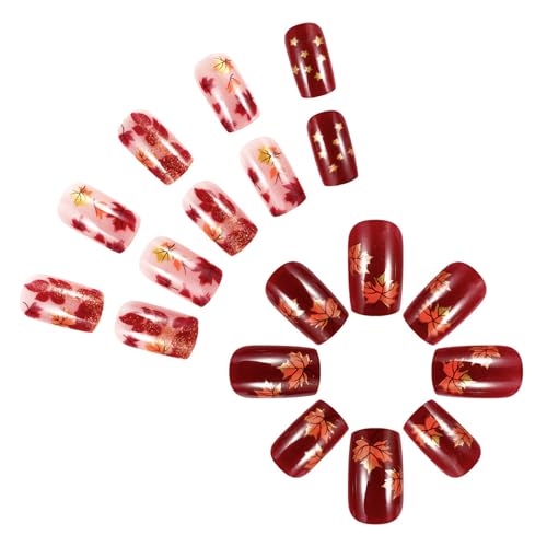 Thanksgiving Nägel Zum Aufdrücken 24 Stück Mit Ahornblättern Kurz Quadratisch Urlaub Künstliche Acrylnägel Zum Aufkleben Für Frauen von KJDKNC