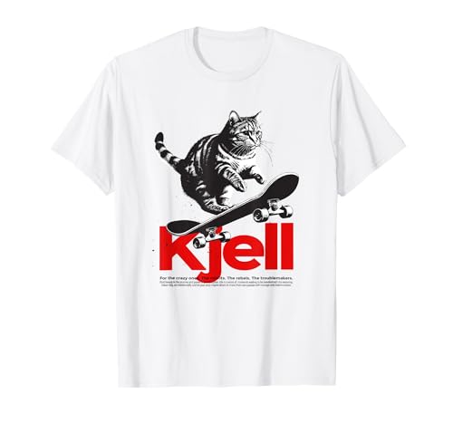 KJELL - Schöner Jungen Name mit Katze & Skateboard T-Shirt von KJELL Sohn Enkel Geburtstag Geschenkideen