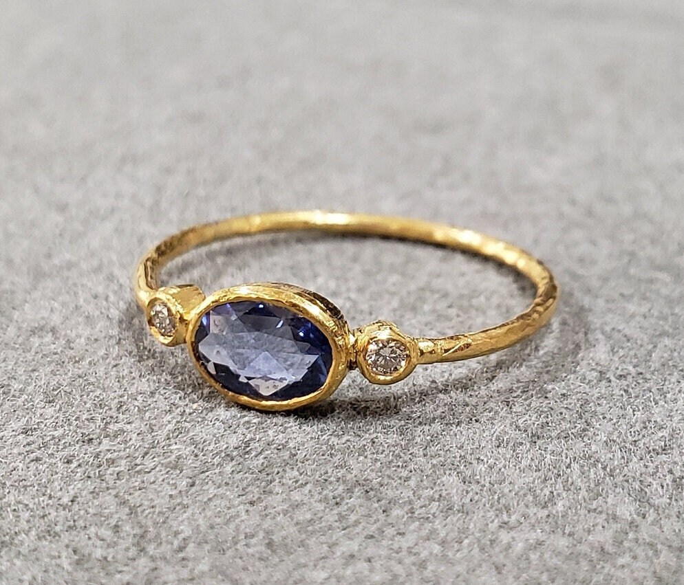 Oval Blauer Saphir Mit Brillantschliff Diamant 18K Goldring, Exzellenter Blauschirm, Geburtstagsgeschenk, Liebe Gold Schmuck, Geschenk Für Sie von KJEWELRYACCESSORIES