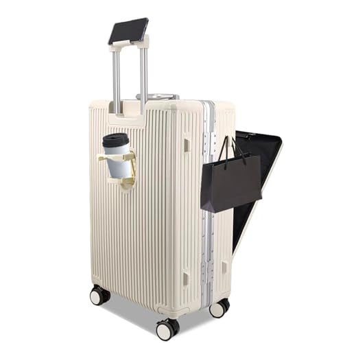 KJHYYPP Handgepäckrollen, Handgepäck-Vordertasche, Trolley-Koffer mit Aluminiumrahmen, TSA-Schloss, Getränkehalter, USB-Anschluss, geeignet für Männer/Frauen (White 26inch) von KJHYYPP