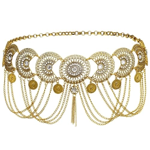 KJMWXOP Boho Gold Kettengürtel Strass Quaste Taille Metall Link Kleid Körperschmuck for Frauen Mond Blume Kristall von KJMWXOP