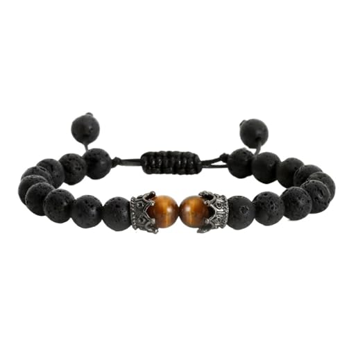 KJUUQBZL Schwarzes Lavastein-Kronen-Charm-Tigerauge-Perlen-Armband for Männer und Frauen, geflochtene Armbänder, handgefertigt, verstellbarer Schmuck(Rhodium Plated) von KJUUQBZL