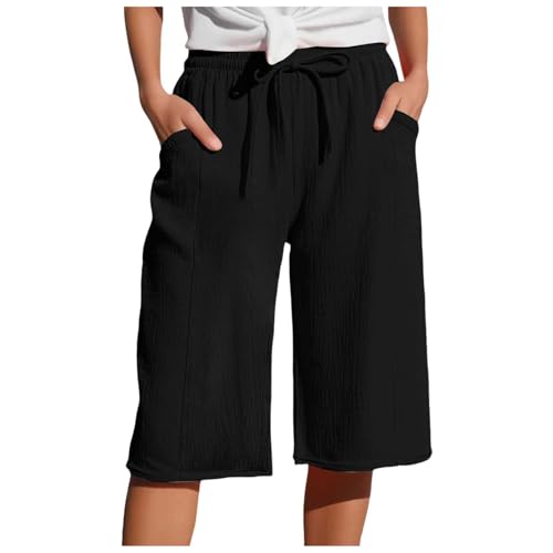KJameas Caprihose Damen Sommer 3/4 Musselin Hose Leicht Loose Sommerhose Bequeme Elastische Stoffhose Locker Caprihose Freizeit Strandhose Jogginghose mit Taschen Kordelzug von KJameas