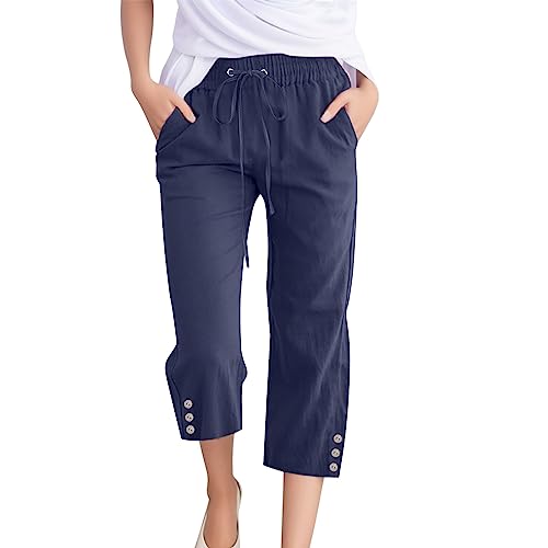 KJameas Musselin Hose Damen 3/4 Musselin Hose Leicht Loose Sommerhose Bequeme Elastische Stoffhose Locker Caprihose Freizeit Strandhose Jogginghose mit Taschen Kordelzug von KJameas