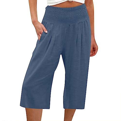 KJameas beliebte Marken Leinenhose Damen Sommer 3/4 Musselin Hose Leicht Leinen Sommerhose Mit Taschen Locker Caprihose Elastische Bequeme Stoffhose Sport Freizeit Strandhose von KJameas