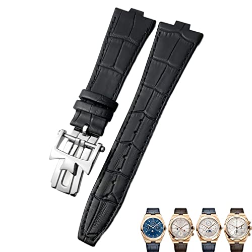 KKFAUS Uhrenarmband mit konvexer Schnittstelle aus echtem Leder, 25 - 9 mm, für Vacheron Constantin Oversea Black Blue Brown Bamboo Grain Watch Bands, Dunkelblau Silber, 25-9mm, streifen von KKFAUS