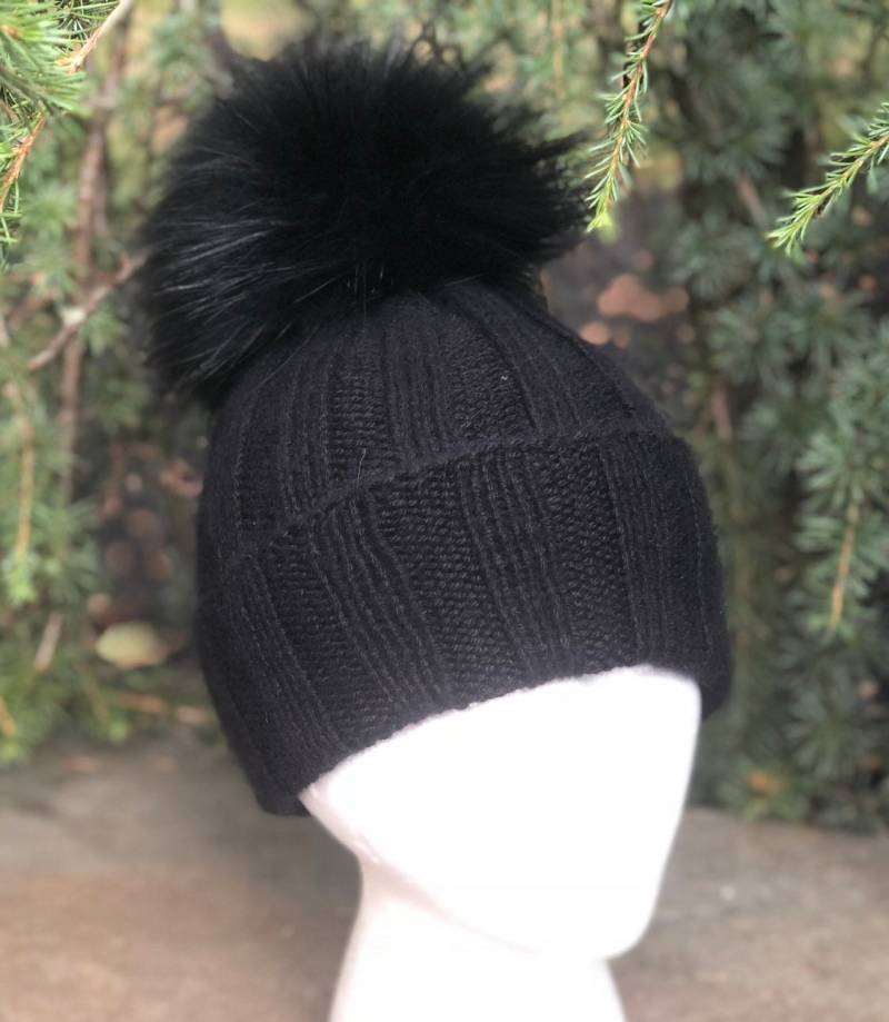 100% Kaschmir Schwarz Chunky Ribbed Fold Over Beanie Mütze - Handgemachte Strickmütze Waschbär Pom Super Weich Lieferbar Damen Winter von KKHATS