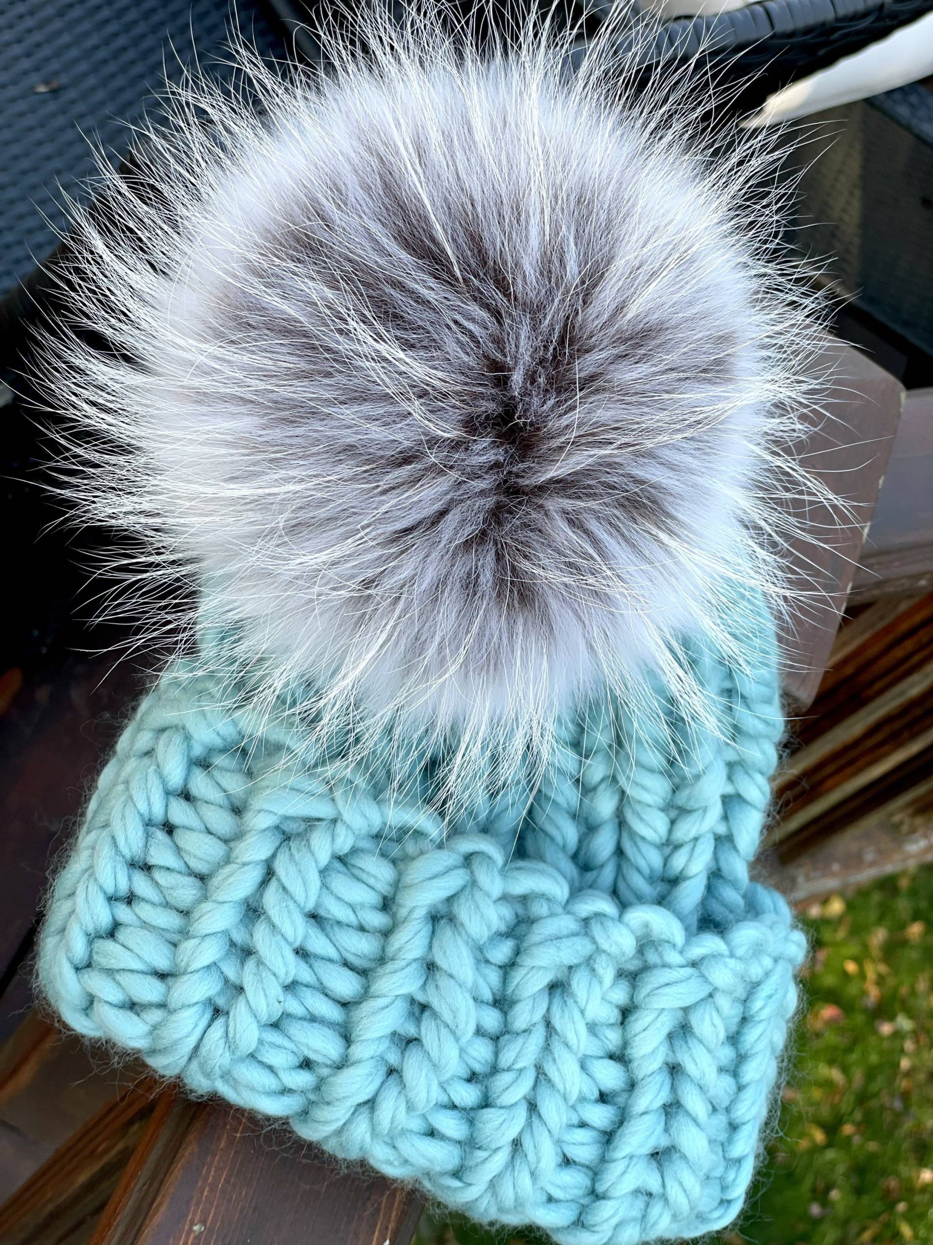 Chunky Beanie Pelz Pompom Hut - 100% Wolle Handgefertigte Gerippte Gestrickte Fold Over Pom Sofort Lieferbar Damen Wintermütze von KKHATS