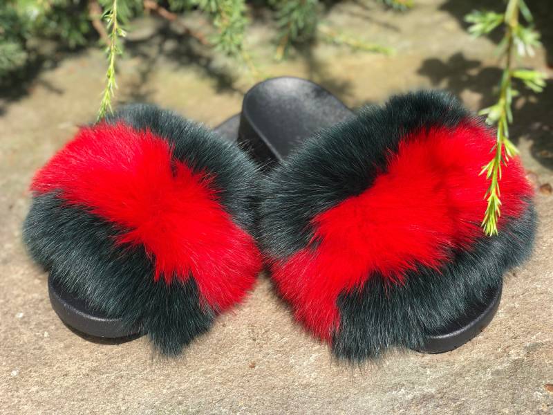 Fuchspelz Folien Sandalen Hausschuhe in Vielen Farben - Rot/Grün Grösse 5 von KKHATS