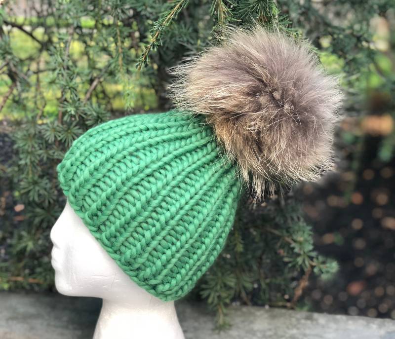 Grobstrick Winter Beanie Pelz Bommel Wollmütze - 100 % Wolle Mütze Handgemachte Gerippte Strickmütze Pom Lieferbar, Versand von KKHATS