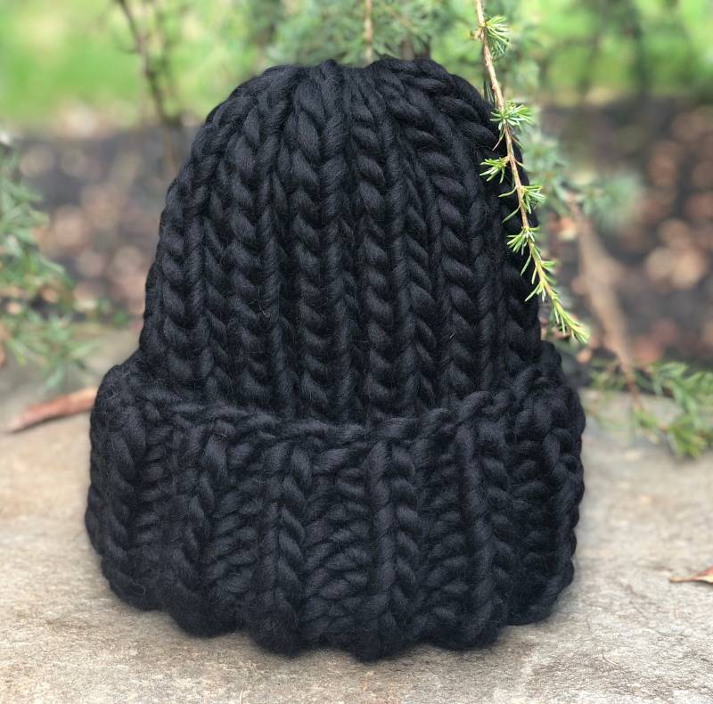 Winter Schwarz Chunky Bulky 100% Wolle Beanie - Handgemachte Gestrickte Fold Over Mütze von KKHATS