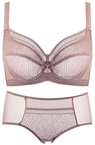 KKJKK Damen Übergröße Bügel Minimierer-BH Sexy Hochdrücken Spitze Bhs mit Voller Abdeckung Transparent Dessous-Set Ungepolstert Unterwäsche Bralette,Lila,85H von KKJKK