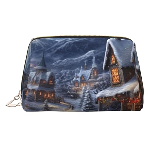 KKLWEGU Christmas Village Make-up-Tasche aus Leder, wasserdicht, Kosmetiktasche, Organizer, kleine Make-up-Tasche, mit Reißverschluss, tragbare Reise-Kulturbeutel für Damen und Mädchen, gold von KKLWEGU