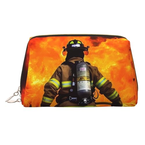 KKLWEGU Feuerwehrmann Feuerwehrmann Flamme Leder Make-up Tasche Wasserdicht Kosmetiktasche Organizer Kleine Make-up Reißverschlusstasche Tragbare Reise Kulturbeutel für Frauen Mädchen, gold von KKLWEGU