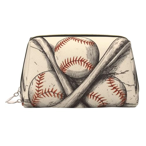 KKLWEGU Handgezeichnete Baseballschläger und Bälle, Leder-Make-up-Tasche, wasserdicht, Kosmetiktasche, Organizer, kleine Make-up-Reißverschlusstasche, tragbare Reise-Kulturbeutel für Damen und Mädchen von KKLWEGU