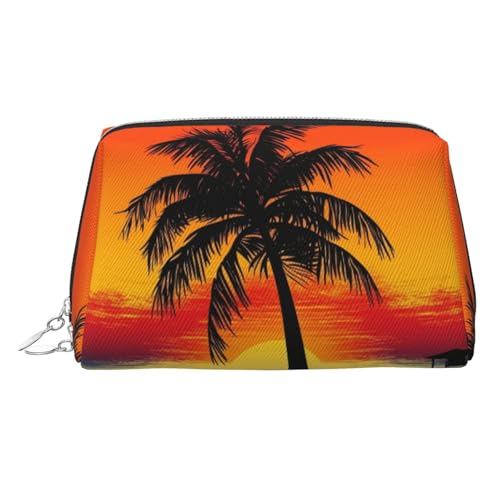 KKLWEGU Kosmetiktasche aus Leder, Motiv: Sonnenuntergang, Palme, wasserdicht, kleine Make-up-Tasche, mit Reißverschluss, tragbar, Reise-Kulturbeutel für Damen und Mädchen, silber, Einheitsgröße von KKLWEGU