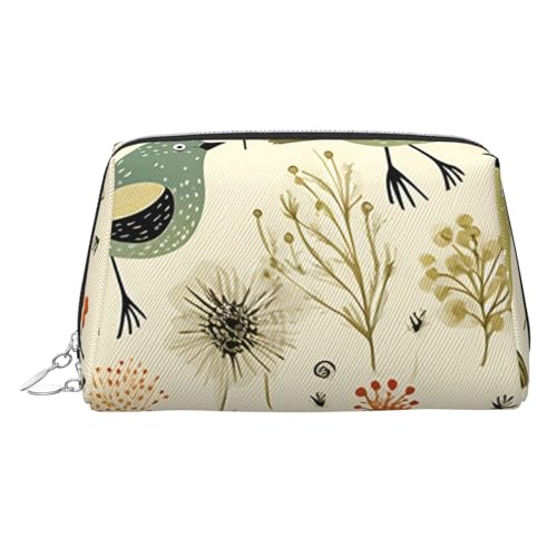 KKLWEGU Kosmetiktasche aus Leder, Motiv: gelbe Blätter, Huhn, wasserdicht, kleine Make-up-Tasche, Reißverschluss, tragbare Reise-Kulturbeutel für Damen und Mädchen, silber, Einheitsgröße von KKLWEGU