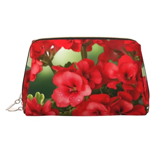 KKLWEGU Kosmetiktasche aus Leder, Motiv: rote Geranien, wasserdicht, kleine Make-up-Tasche mit Reißverschluss, tragbare Reise-Kulturbeutel für Damen und Mädchen, gold, Einheitsgröße von KKLWEGU