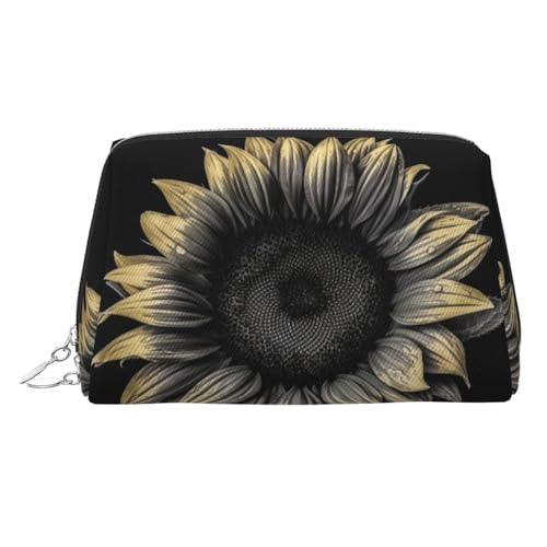 KKLWEGU Kosmetiktasche aus Leder, Sonnenblumen-Design, wasserdicht, klein, mit Reißverschluss, tragbar, Reise-Kulturbeutel für Damen und Mädchen, Schwarz, silber, Einheitsgröße von KKLWEGU