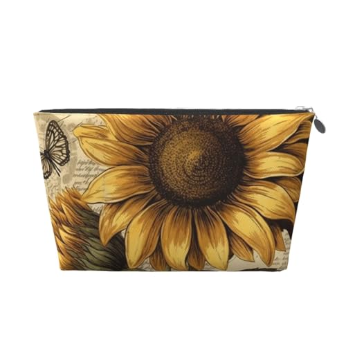 KKLWEGU Kosmetiktasche im Retro-Stil mit Sonnenblumen-Motiv, PU-Leder, wasserdicht, tragbar, Reise-Kulturbeutel, Organizer, goldfarbener Reißverschluss, für Damen, silber, Einheitsgröße von KKLWEGU