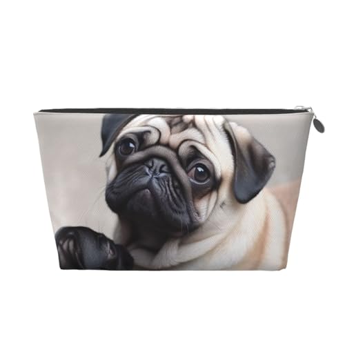 KKLWEGU Kosmetiktasche mit niedlichem Mops-Motiv, PU-Leder, wasserdicht, tragbar, Reise-Kulturbeutel, Organizer, goldfarbener Reißverschluss, Geschenk für Damen, silber, Einheitsgröße von KKLWEGU
