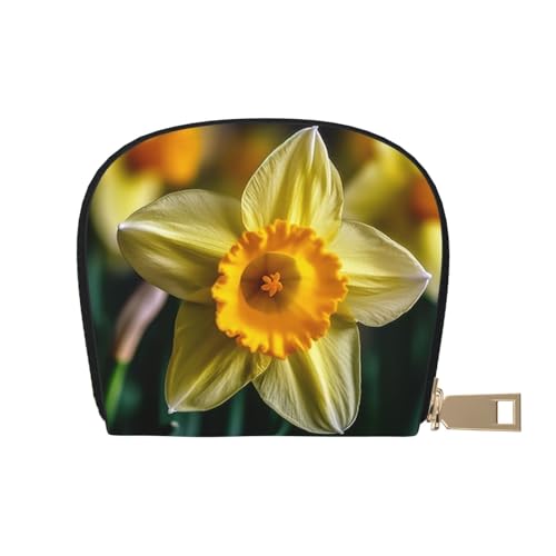 KKLWEGU Kreditkartenetui mit Narzissen-Blume, Leder, Reißverschluss, Kartenetui für Damen, RFID-blockierend, kleine Münzbörse, Akkordeon-Geldbörse, Geschenk von KKLWEGU