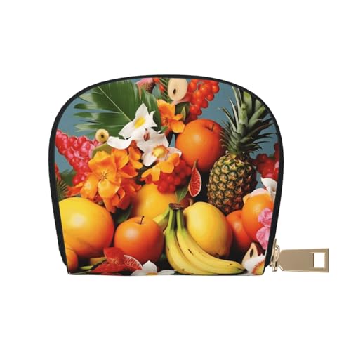 KKLWEGU Kreditkartenetui mit tropischen Früchten und Blumen, Leder, Reißverschluss, Kartenetui für Damen, RFID-blockierend, kleine Münzbörse, Akkordeon-Geldbörse, Geschenk von KKLWEGU