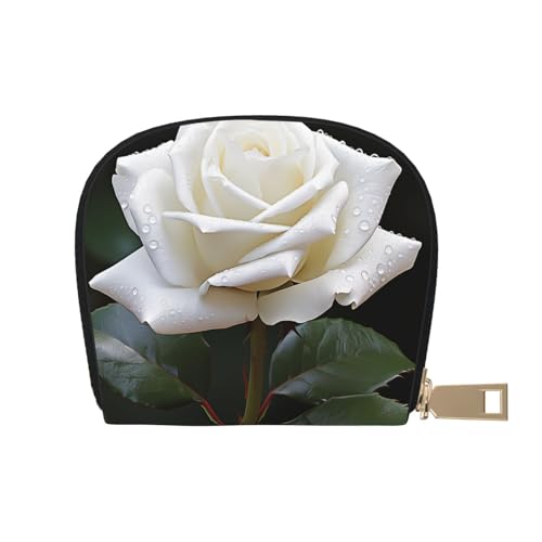 KKLWEGU Kreditkartenetui mit weißen Rosen, Leder, Reißverschluss, Kartenetui für Damen, RFID-blockierend, kleine Münzbörse, Akkordeon-Geldbörse, Geschenk von KKLWEGU