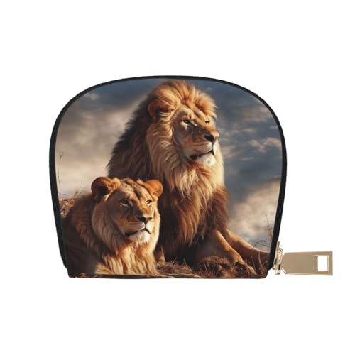 KKLWEGU Kreditkartenetui mit zwei Löwen, Leder, Reißverschluss, Kartenetui für Damen, RFID-blockierend, kleine Münzbörse, Akkordeon-Geldbörse, Geschenk von KKLWEGU