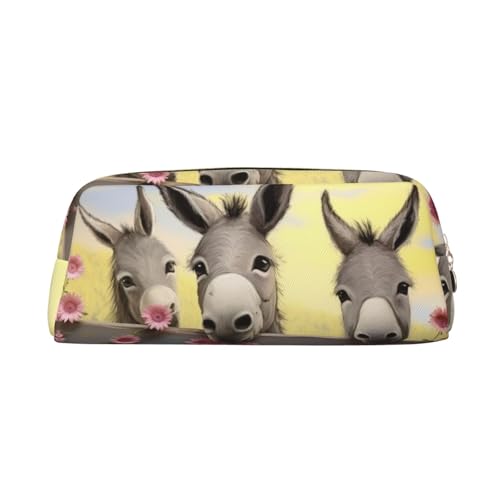 KKLWEGU Leder-Federmäppchen, großes Fassungsvermögen, Esel und Blume, Reißverschluss, Make-up-Tasche für Damen und Herren, Reise-Kulturbeutel, wasserdicht, Kosmetiktasche, weit geöffnetes Münzfach von KKLWEGU