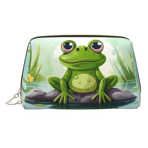 KKLWEGU Make-up-Tasche aus Leder, Motiv: Frosch auf einem Teich, wasserdicht, Kosmetiktasche, Organizer, kleine Make-up-Tasche, mit Reißverschluss, tragbare Reise-Kulturbeutel für Damen und Mädchen von KKLWEGU