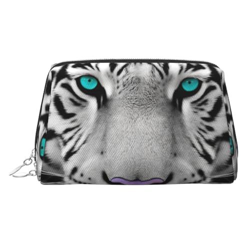 KKLWEGU Make-up-Tasche aus Leder, Motiv: Tiger mit blaugrünen Augen, wasserdicht, Kosmetiktasche, Organizer, kleine Make-up-Tasche, mit Reißverschluss, tragbare Reise-Kulturbeutel für Damen und von KKLWEGU