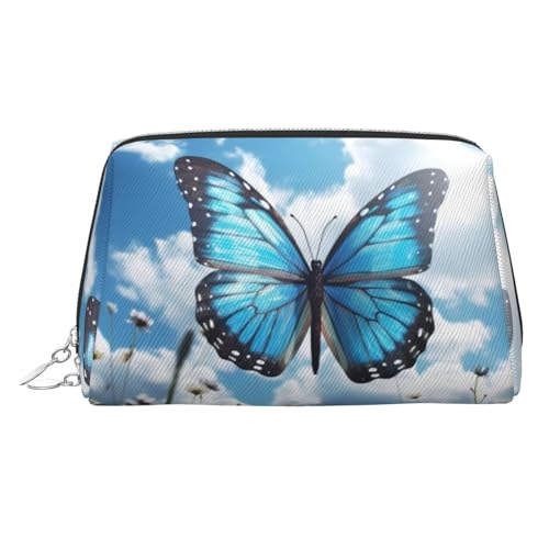 KKLWEGU Make-up-Tasche aus Leder, Motiv: blaue Schmetterlinge und Wolken, wasserdicht, kleine Make-up-Tasche, mit Reißverschluss, tragbare Reise-Kulturbeutel für Damen und Mädchen, silber von KKLWEGU