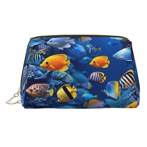 KKLWEGU Make-up-Tasche aus Leder, Motiv: tropische Fische, wasserdicht, Kosmetiktasche, Organizer, kleine Make-up-Tasche, mit Reißverschluss, tragbare Reise-Kulturbeutel für Damen und Mädchen, gold von KKLWEGU