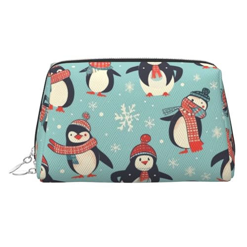 KKLWEGU Make-up-Tasche aus Leder für den Winter, Weihnachten, Pinguine, wasserdicht, Kosmetiktasche, Organizer, kleine Make-up-Tasche, mit Reißverschluss, tragbare Reise-Kulturbeutel für Damen und von KKLWEGU