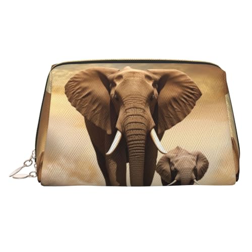 KKLWEGU Make-up-Tasche aus Leder mit Elefant und Baby, wasserdicht, Kosmetiktasche, Organizer, kleine Make-up-Tasche, mit Reißverschluss, tragbare Reise-Kulturbeutel für Damen und Mädchen, gold von KKLWEGU