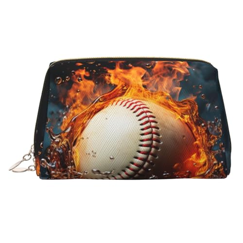 KKLWEGU Make-up-Tasche aus Leder mit Feuerwasser-Baseballball, wasserdicht, Kosmetiktasche, Organizer, kleine Make-up-Tasche, mit Reißverschluss, tragbare Reise-Kulturbeutel für Damen und Mädchen von KKLWEGU