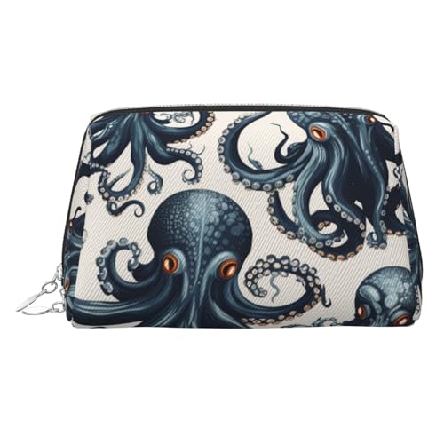 KKLWEGU Make-up-Tasche aus Leder mit Oktopus-Muster, wasserdicht, Kosmetiktasche, Organizer, kleine Make-up-Tasche mit Reißverschluss, tragbare Reise-Kulturbeutel für Damen und Mädchen, silber von KKLWEGU