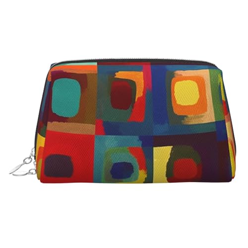 KKLWEGU Make-up-Tasche aus Leder mit abstrakten Kunst-Quadraten, wasserdicht, Kosmetiktasche, Organizer, kleine Make-up-Tasche, mit Reißverschluss, tragbare Reise-Kulturbeutel für Damen und Mädchen von KKLWEGU