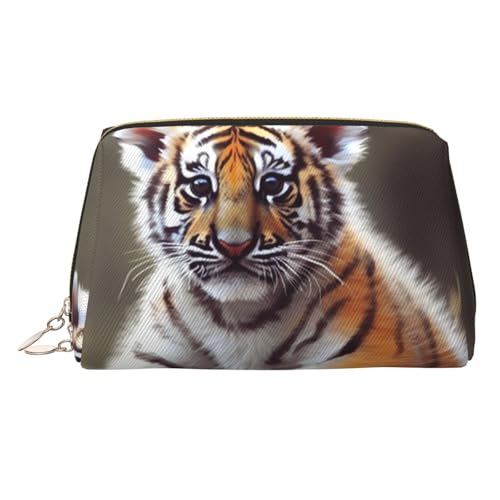 KKLWEGU Make-up-Tasche aus Leder mit niedlichem Tiger, wasserdicht, kleine Make-up-Tasche, mit Reißverschluss, tragbare Reise-Kulturbeutel für Damen und Mädchen, gold, Einheitsgröße von KKLWEGU