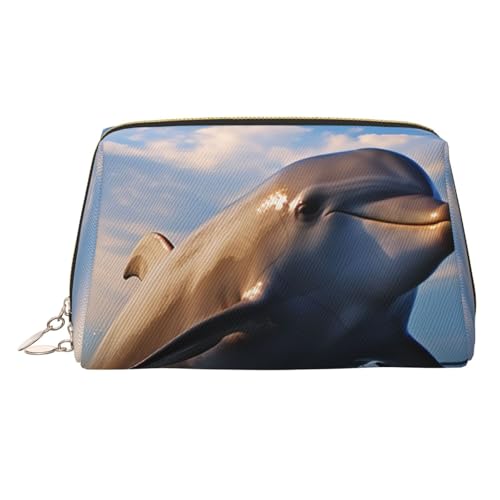 KKLWEGU Make-up-Tasche aus Leder mit süßem Delfin-Design, wasserdicht, kleine Make-up-Tasche mit Reißverschluss, tragbare Reise-Kulturbeutel für Damen und Mädchen, gold, Einheitsgröße von KKLWEGU