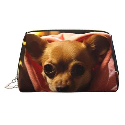 KKLWEGU Make-up-Tasche aus Leder mit tiefgepresstem Chihuahua-Motiv, wasserdicht, kleine Make-up-Tasche, mit Reißverschluss, tragbare Reise-Kulturbeutel für Damen und Mädchen, gold, Einheitsgröße von KKLWEGU