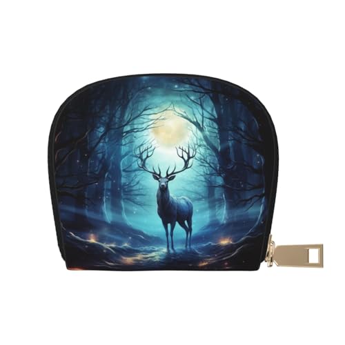 KKLWEGU Moonlight Deer Kreditkartenetui, Leder, Reißverschluss, Kartenetui für Damen, RFID-blockierend, kleine Münzgeldbörse, Akkordeon-Geldbörse, Geschenk von KKLWEGU