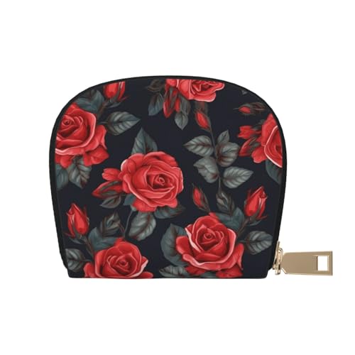 KKLWEGU Schöne rote Rose Blumen Kreditkartenetui Geldbörse Leder Reißverschluss Kartenetui für Frauen Damen RFID-blockierendes Kartenetui kleine Münzbörse Akkordeon-Geldbörse Geschenk von KKLWEGU